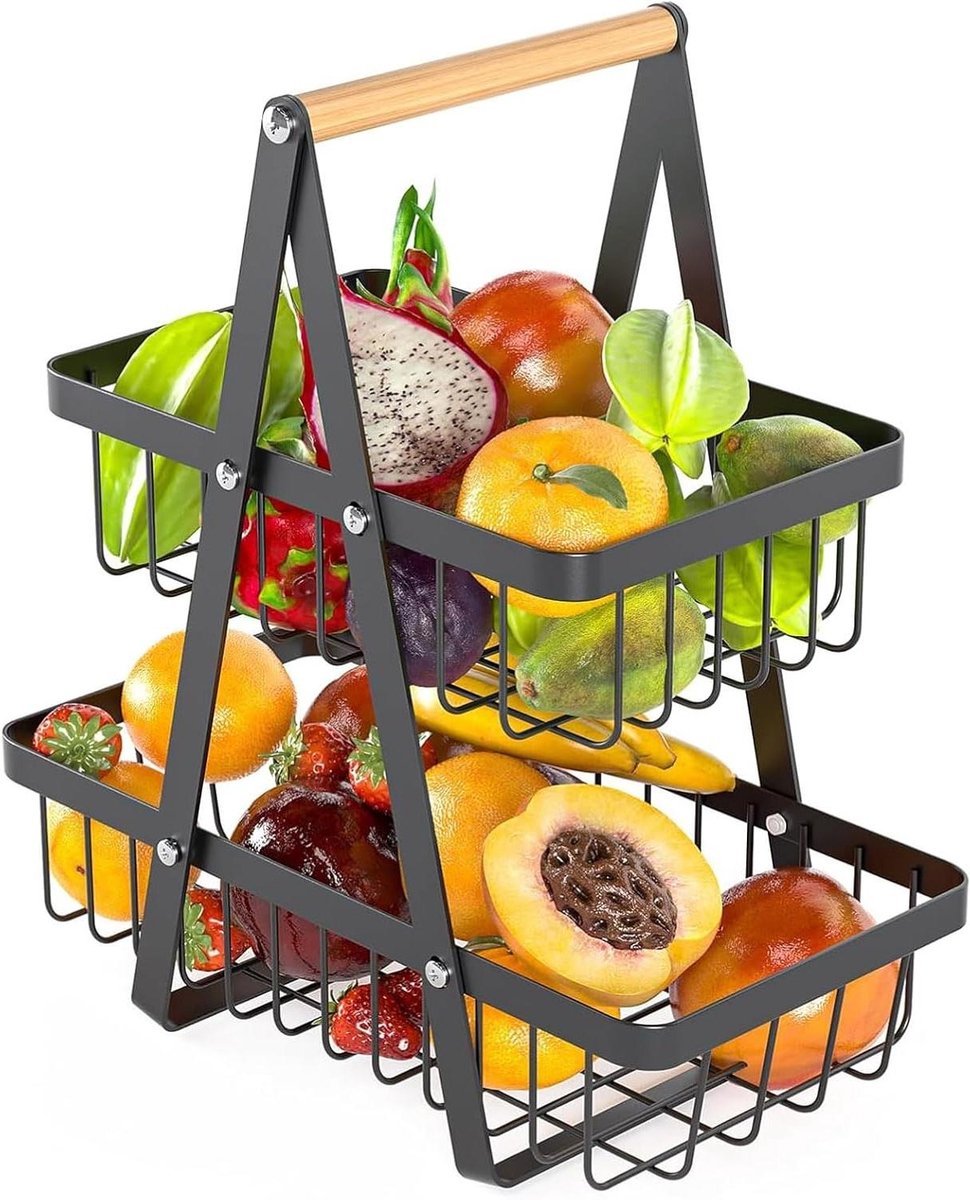 Etagère met 2 verdiepingen voor fruit en groenteopslag met houten handvat
