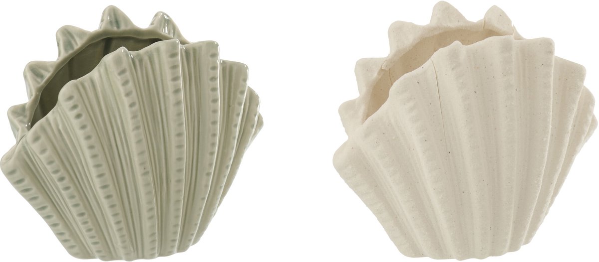 vaas Schelp - keramiek - wit/olijfgroen - small - 2 stuks