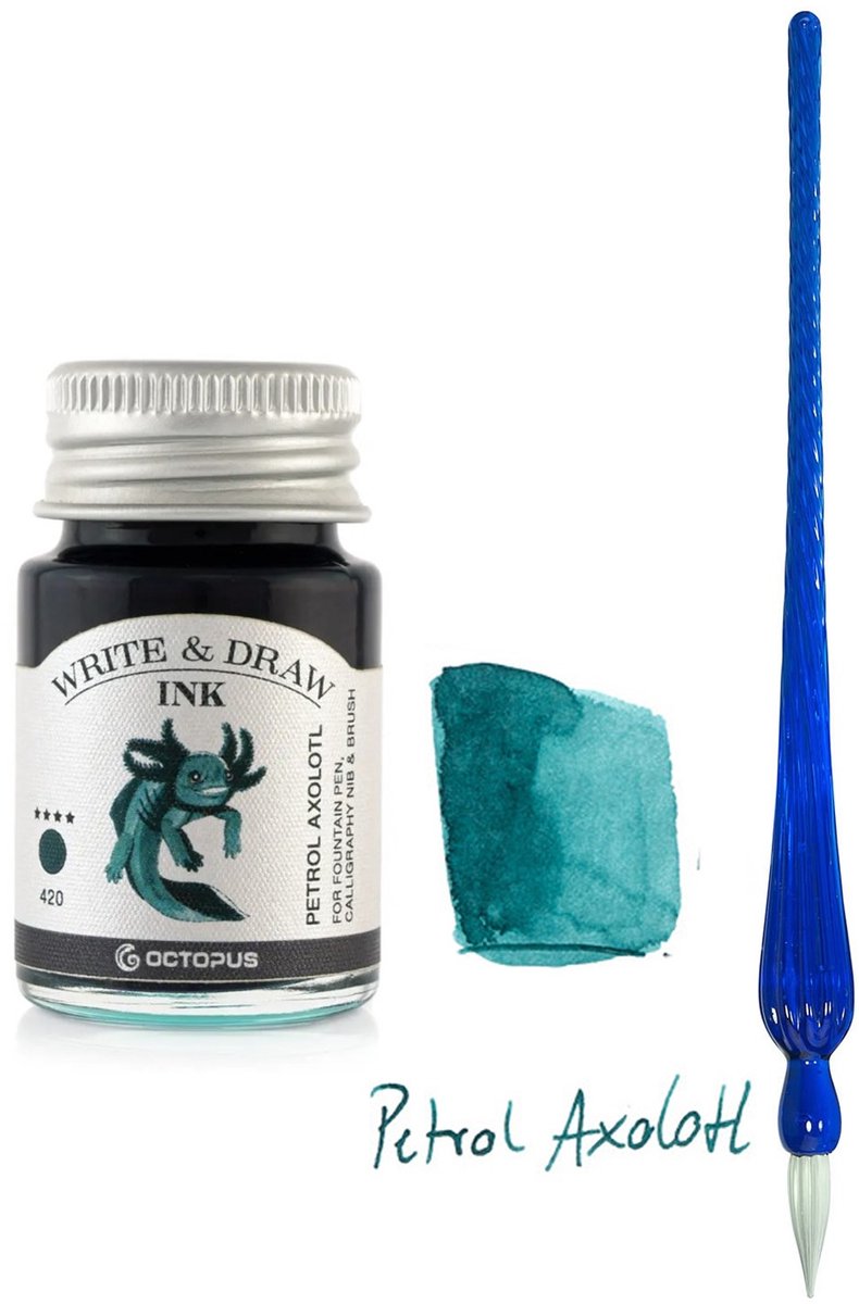 Glazen dip pen set in doosje - Blauw - Potje Octopus inkt petrol axoloth