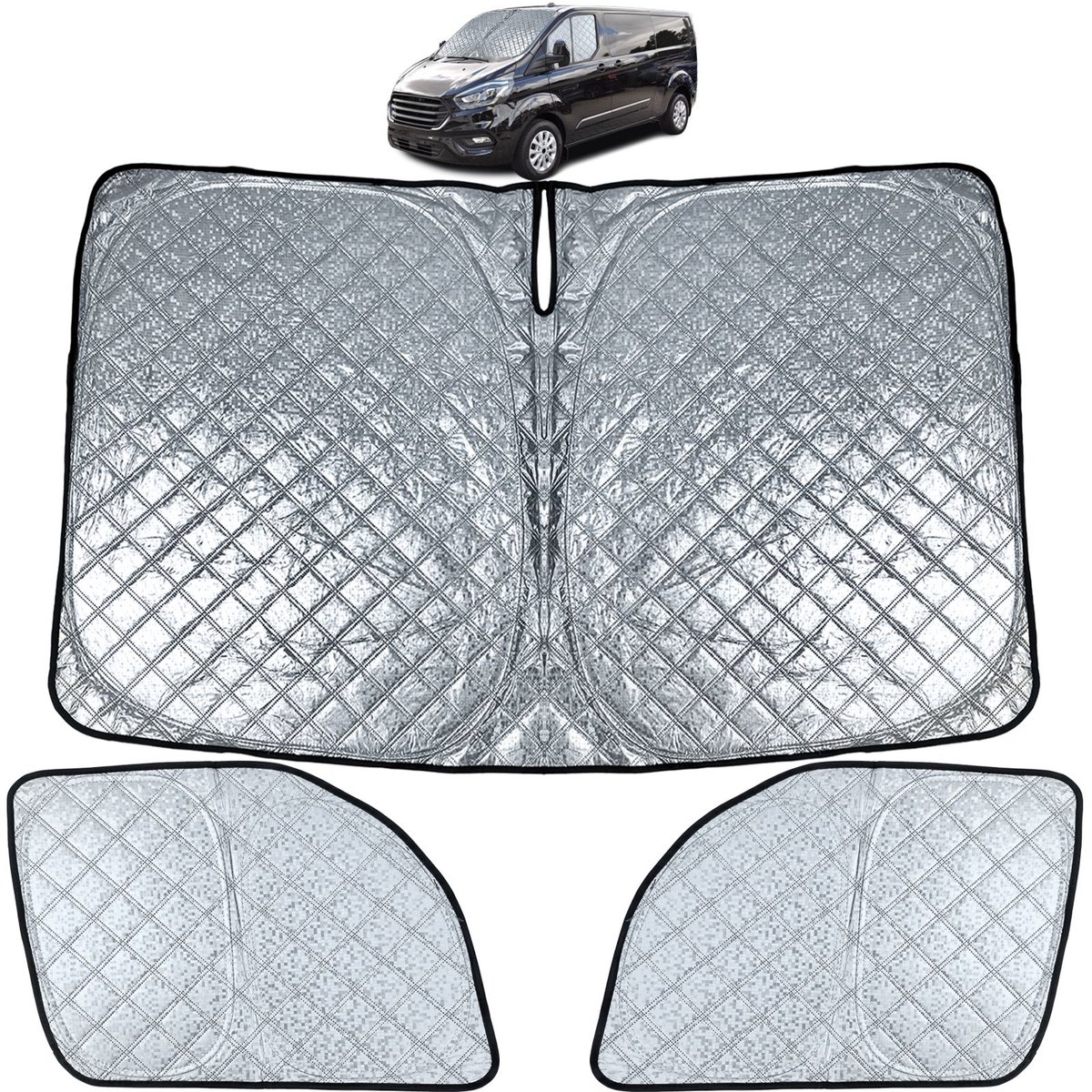 Premium 3-delig Zonnescherm Set Ford Transit Custom 2018-2023 | Voorruit & Vordere Zijruiten | Hittebescherming & Privacy