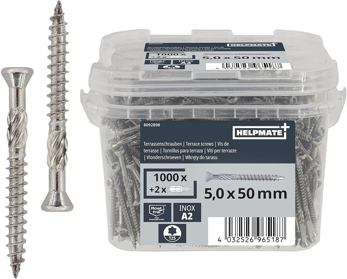 HELPMATE – Terrasschroeven 5x50 roestvrij staal A2 – 1000 stuks plankenschroeven + 2 T25-bits – Terrasschroeven voor buitengebruik (terrasbouw, tuinhuisjes, houtconstructies enz.)