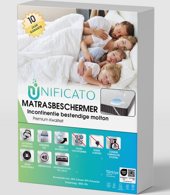 UNIFICATO - Waterdichte Matrasbeschermer 140x200 cm - Katoenen Oppervlak - Ademend - Antibacteriëel - Wit