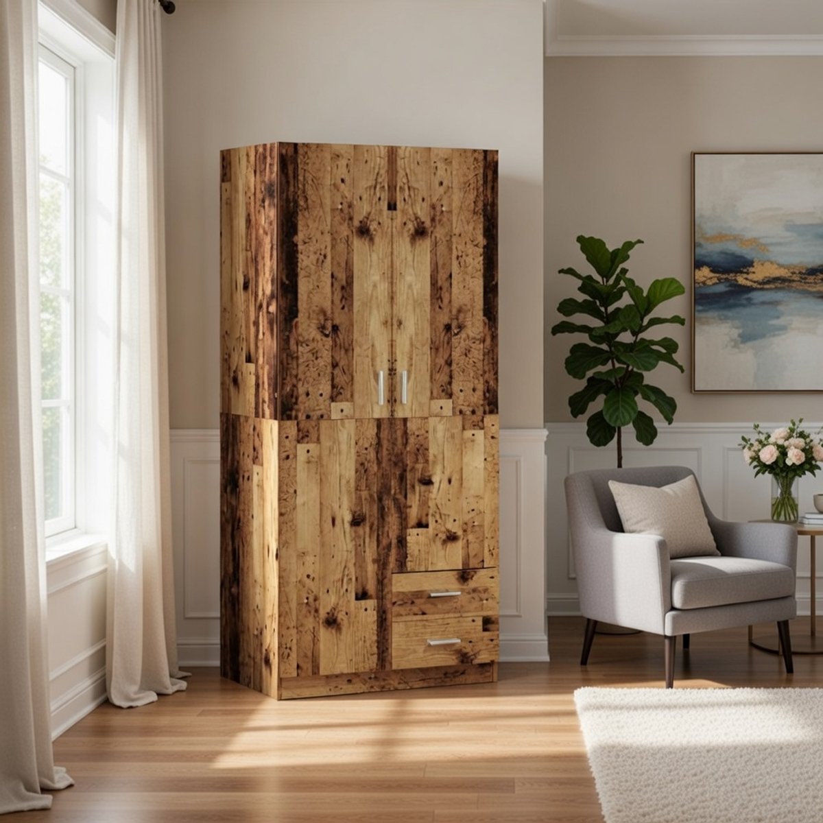 Elegante Oud Hout Kledingkast – Robuuste Houten Slaapkamerkast met Laden, Kledingstang en Opbergvakken – Organiser voor Kleding, Accessoires en Slaapkamer – 80x52x180 cm Novihome