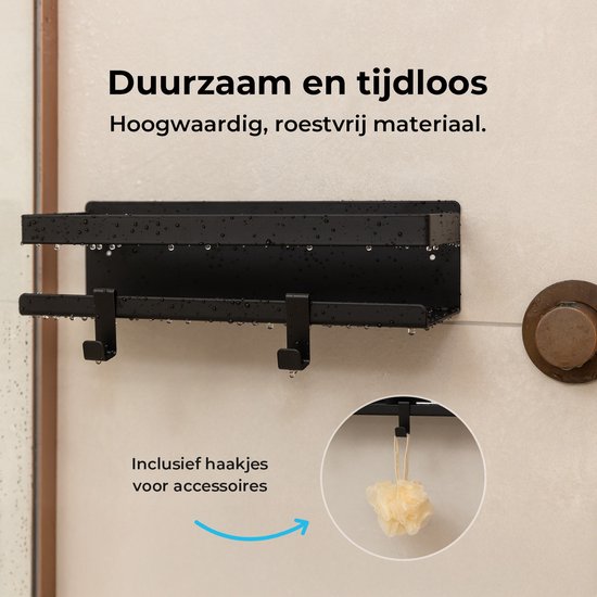Zwart doucherek met druppels, inclusief 2 haakjes voor accessoires.
