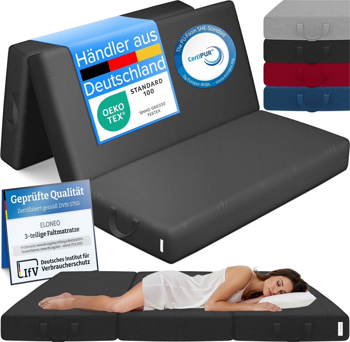 ELONEO Opvouwbaar Matras - 3-Delig Vouwmatras, Extra Dik 15 cm Schuim, Wasbaar en Draagbaar Logeermatras voor Volwassenen, Tweepersoonsbed (Zwart, 160 x 195 x 15 cm)