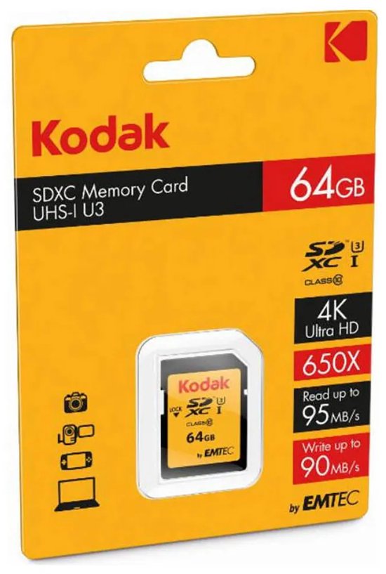Kodak SDXC geheugenkaart 64GB UHS-I U3, 650x, 4K Ultra HD. Lees tot 95MB/s, schrijf tot 90MB/s.