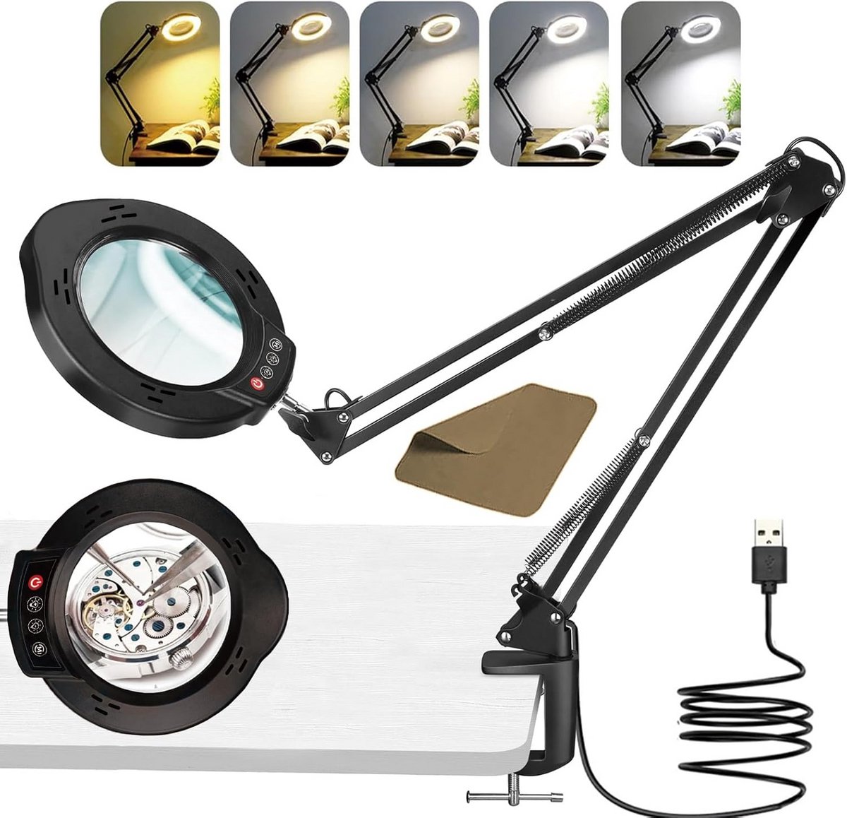 Vergrootglas met licht en standaard - 10x vergrootlamp met dimbare LED en 5 kleurmodi voor ambachtelijke projecten