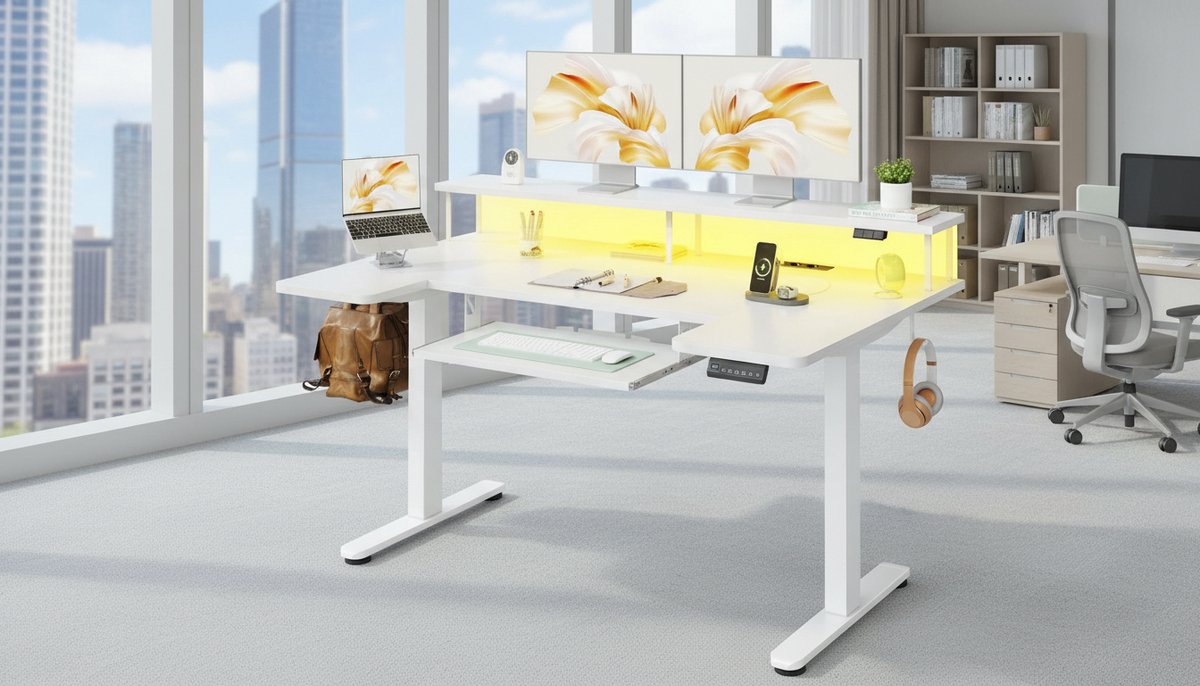 Elektrisch Zit-Sta Bureau 140 cm – Casa Velluto Titan Pro | U-vormig In Hoogte Verstelbaar Bureau met Monitorstandaard, USB & Stopcontacten | LED Gaming Bureau | Wit