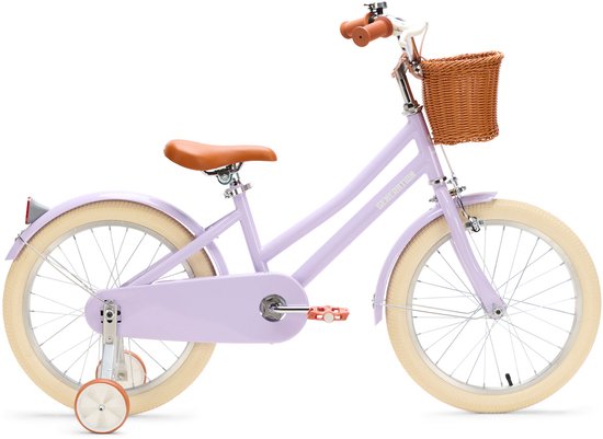 Vélo enfant lilas avec panier marron, guidon marron et selle marron. Pneus crème, pédales rouges et roues d'entraînement.