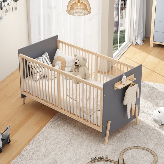 OKWISH Babybed 80x160cm – Massief Houten Ledikant Met 3 Hoogtestanden – Om te Bouwen Tot Aanschuifbed Of Bankbed – Met Opbergrek – Zonder matras – Blauw