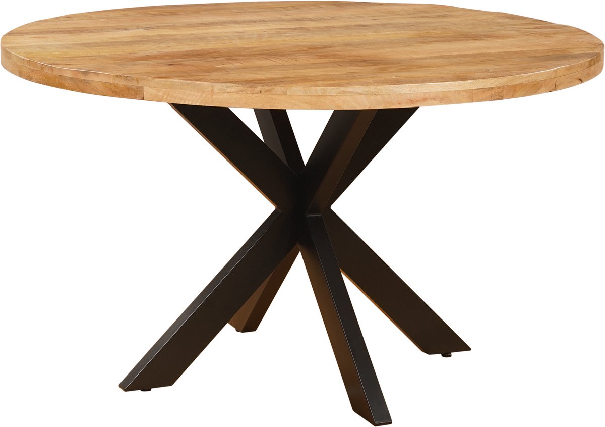 Sfeerwonen Enzo - Eettafel Rond - 100 cm - Mangohout Naturel Bruin - Rechte Rand Afwerking 5 cm - Stalen Matrix Onderstel Zwart
