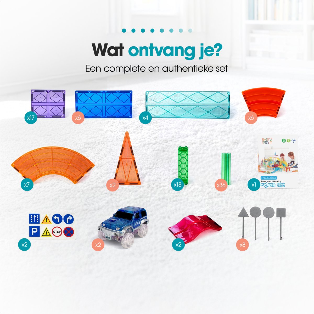 Magnetic tiles racebaan - 110 stuks - Magnetische tegels - Speelgoed - Travel set - Constructiespeelgoed - Magneet tegels - Montessori - Met 2 magna auto's — afbeelding 8