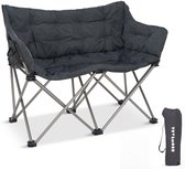 Donkergrijze tweepersoons campingstoel met aluminium frame en opgevouwen draagtas ernaast.