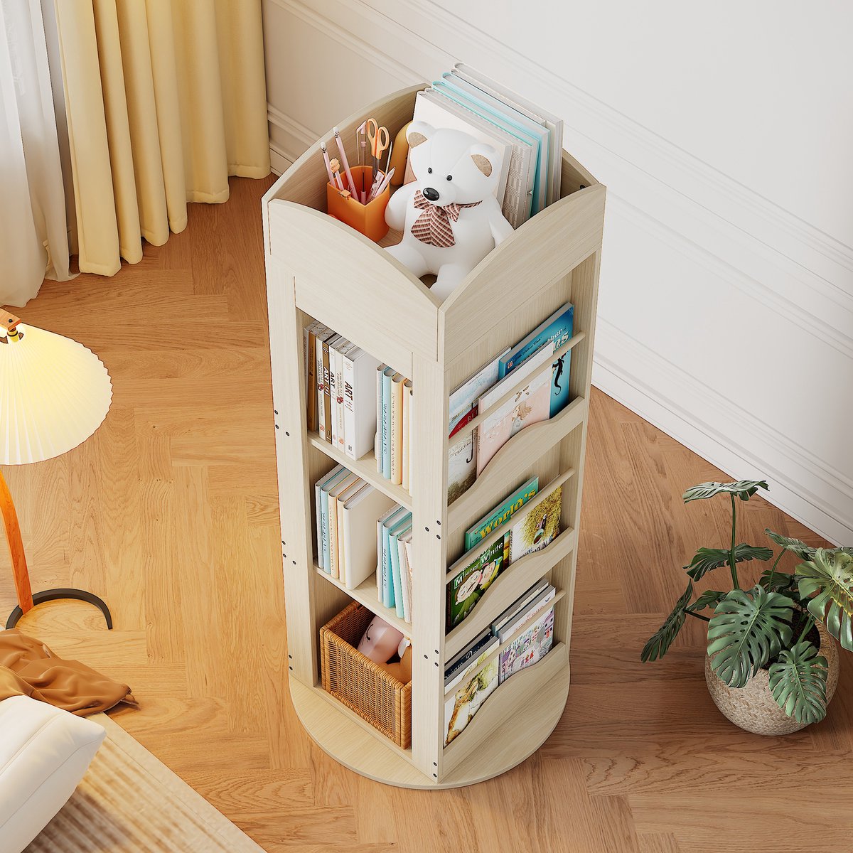 HAUSS SPOLE Boekenkast - 63 x 63 x 142 cm - 360 Graden Draaibaar - MDF - Naturel - Open Opbergruimte voor Boeken en Speelgoed Natural