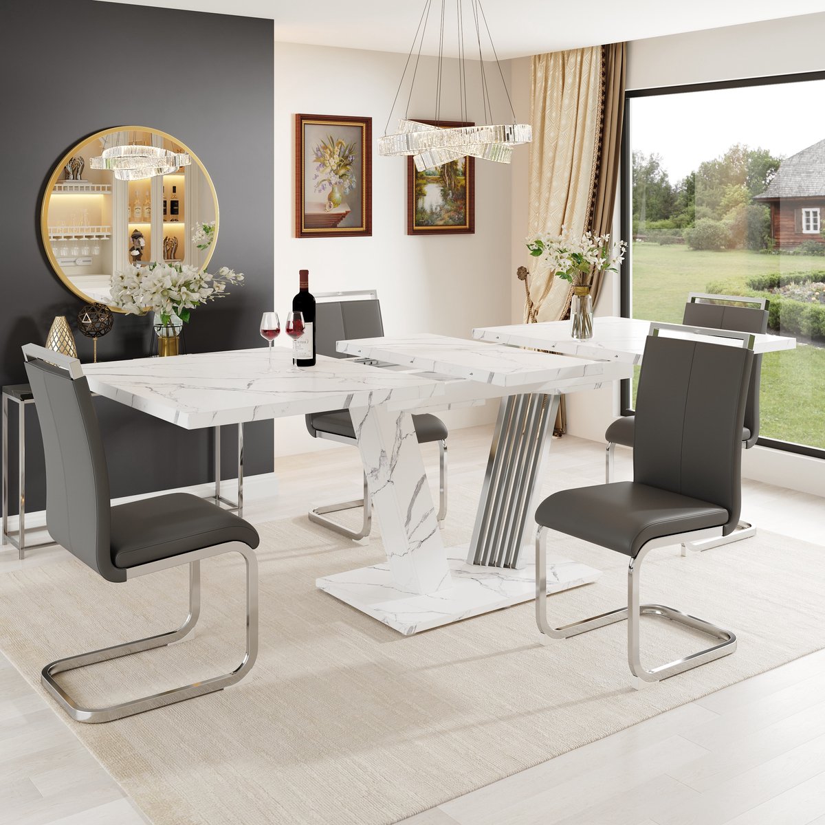 HAUSS SPOLE Eettafelset - Uitschuifbare Tafel Met 4 Stoelen - Voor Eetkamer Woonkamer Of Kantoor - MDF En Metaal - Wit - 120(160)x80x76