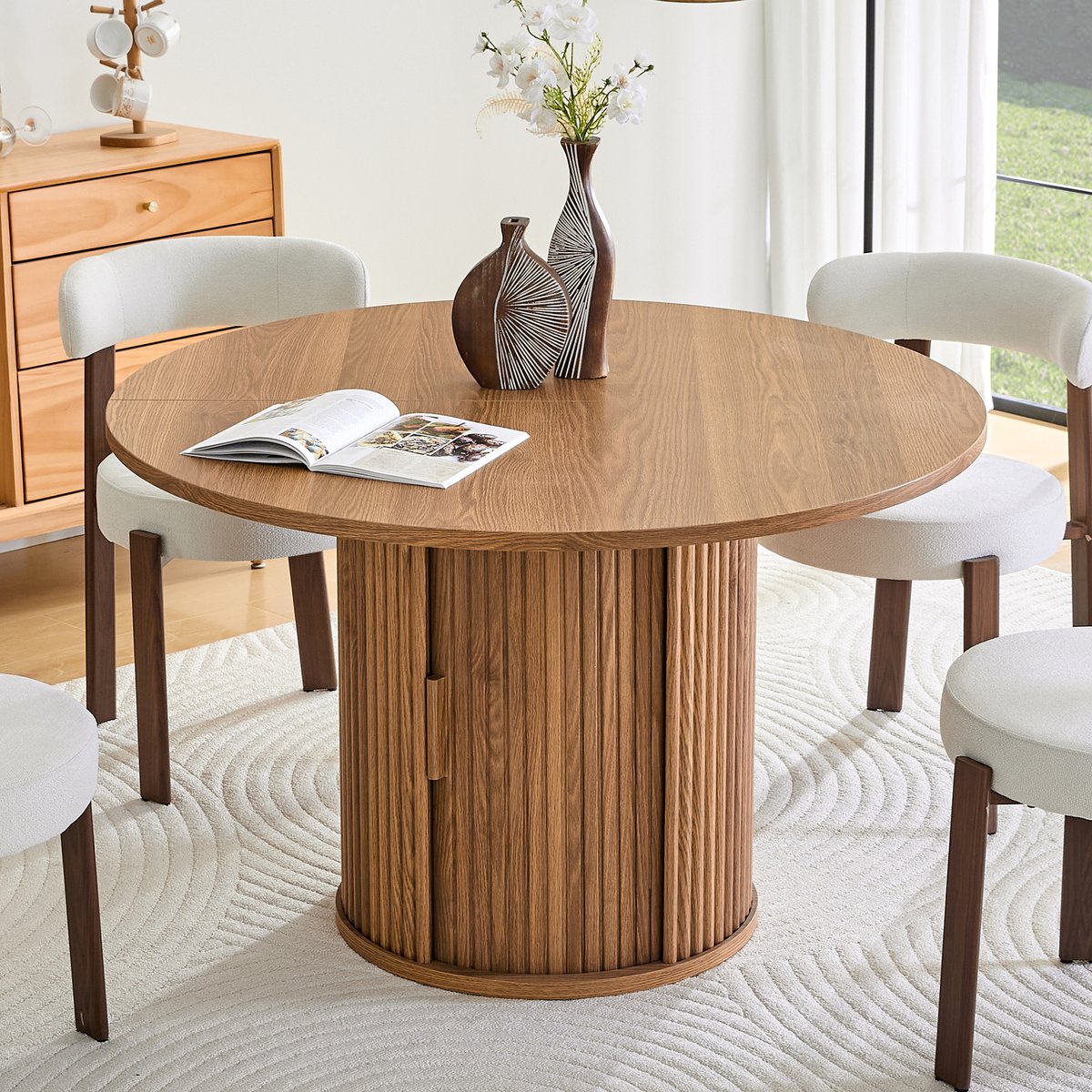 HAUSS SPOLE Eettafel Rond - Ruim Tafelblad Voor 4-6 Personen - Met Dubbele Opbergruimte Voor Keuken En Woonkamer - Spaanplaat - 120 Cm - Walnoot