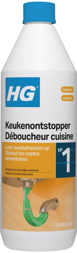 Witte fles HG keuken ontstopper met blauwe dop, 1000 ml. Afbeelding van een groene afvoerbuis met deeltjes.