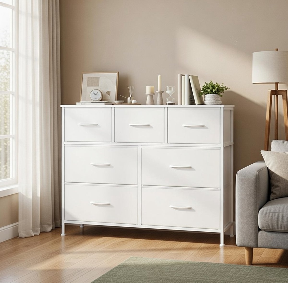 Moderne Opbergkast Commode – 7 Laden Wolkenwit-Sneeuwwit – Stijlvolle Ladekast voor Slaapkamer, Hal & Woonkamer – MDF, Staal & Vliesstof – Ruim & Duurzaam NoViHome