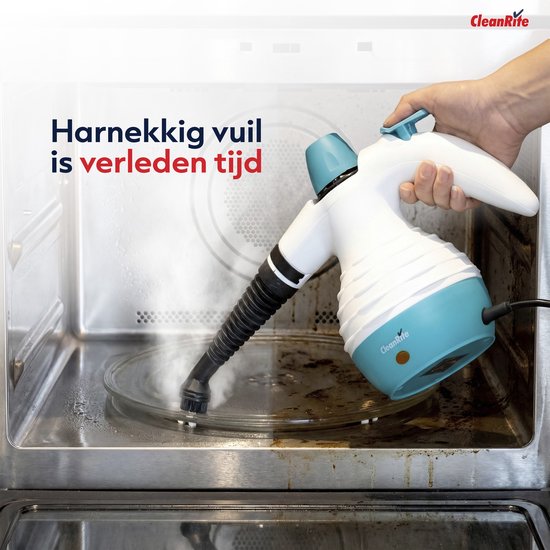 Een stoomreiniger met gebogen spuitmond reinigt de binnenkant van een magnetron. "Harnakkig vuil is verleden tijd".
