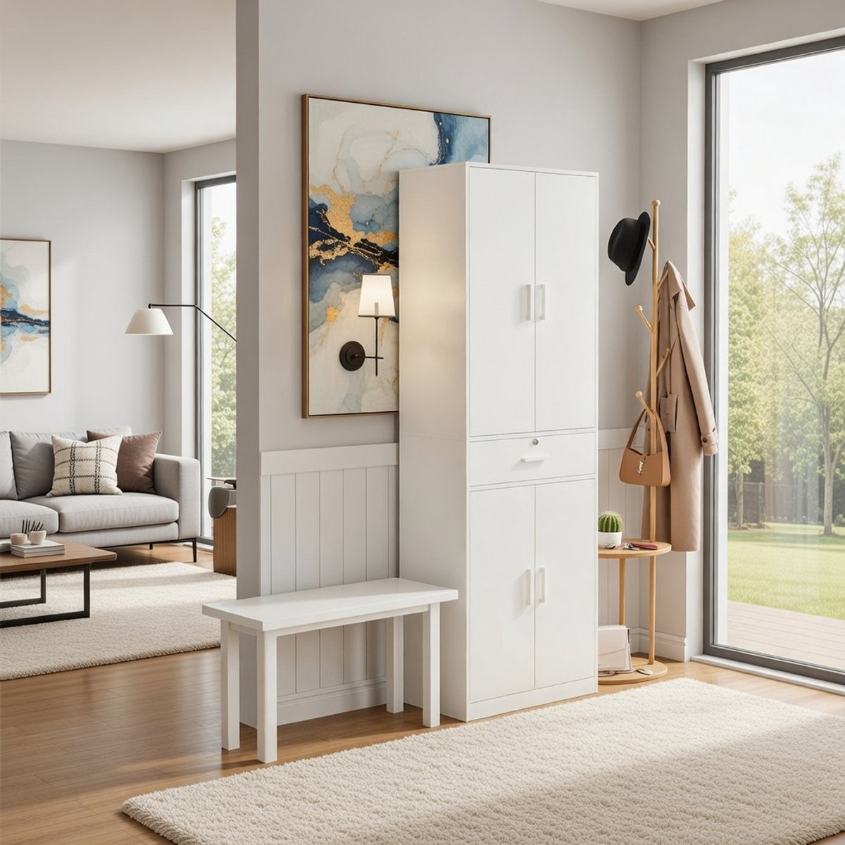 Multifunctionele Hoge Kast met Deuren en Lade – Smalle Opbergkast voor Woonkamer, Slaapkamer, Keuken en Kantoor – Robuuste Witte Commodekast 60x180x34 cm – Novihome