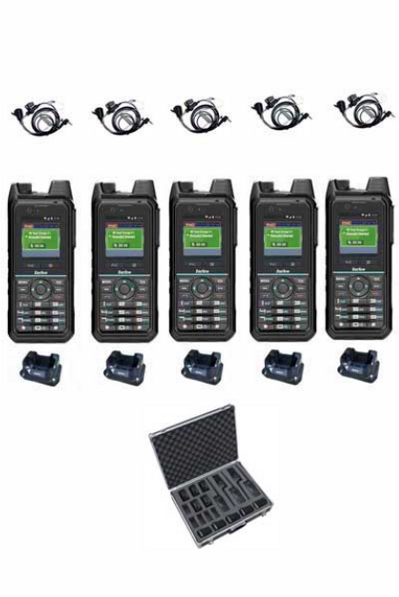 Set van 5 Inrico T330 4G LTE Zello Smart Portofoon IP68 met tafellader beveiliging oortje en koffer