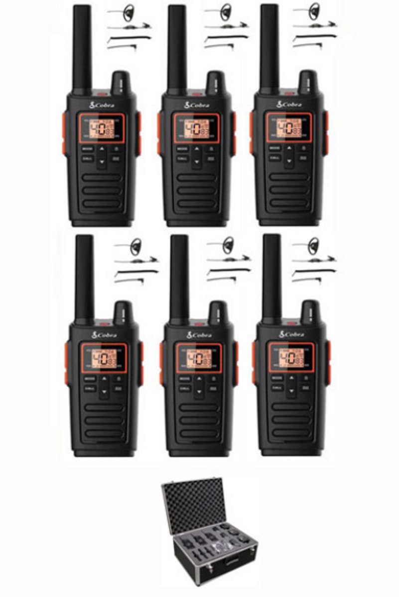 Set van 6 Cobra RX380 PMR446 portofoons IPX2 met D-shape oortje en koffer