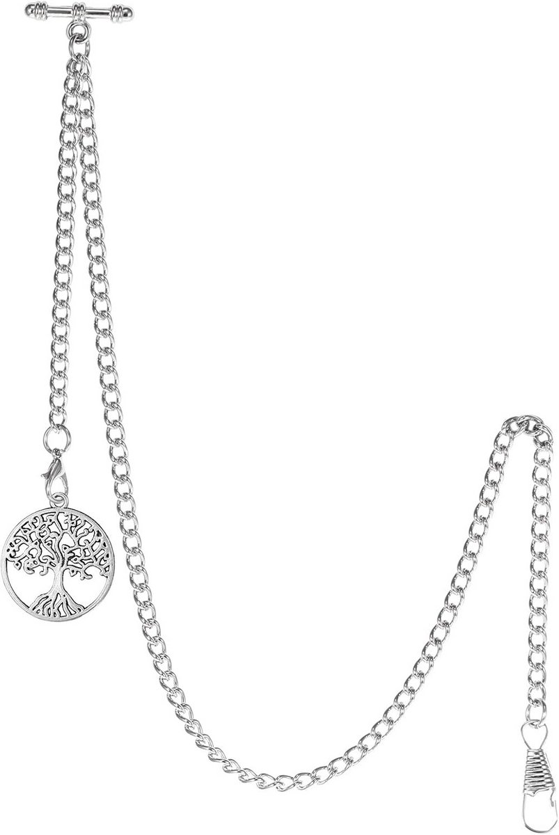 Klassieke Zilveren Zakhorloge Ketting met T-Bar en Levensboom Hanger
