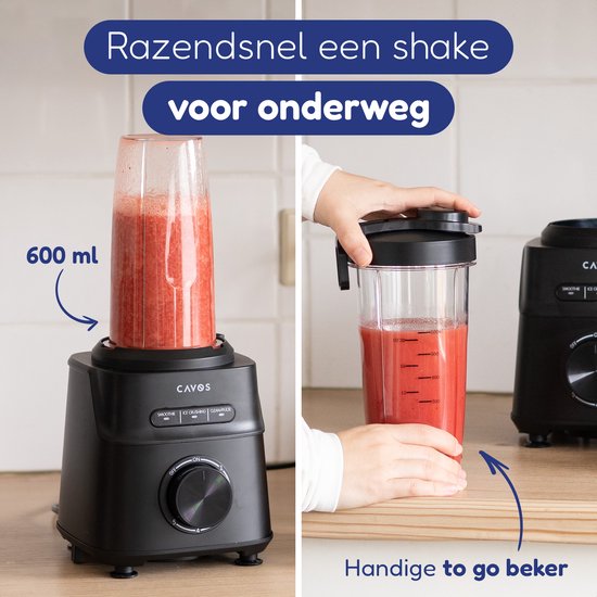 Cavos Blender 1200W - Smoothie Blender met Glazen Kan 1,5L & To-Go Beker 600ml - Ice Crush - Krachtige power blender - 5 Snelheden - RVS - Zwart van Merkloos — afbeelding 4