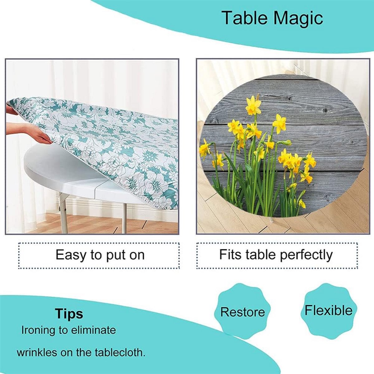 Tafelkleed rond geel met bloementhema voor tafel tot 61 cm, polyester, elastische rand