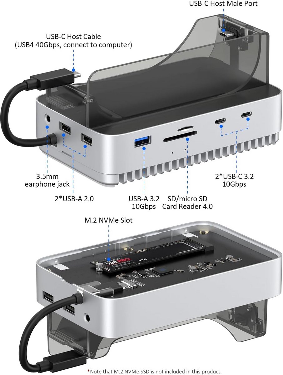 M4 Mac mini Dock Stand met USB4 40Gbps, Thunderbolt 4/5, M.2 NVMe SSD Enclosure en SD 4.0 Card Reader thumbnail 6