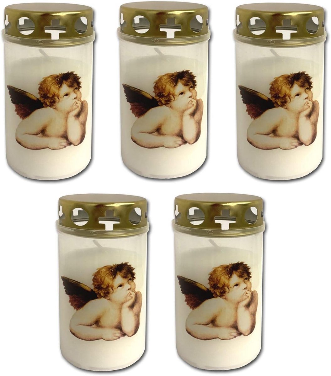 Set van 5 witte graflichten met engelenmotief en beschermdeksel