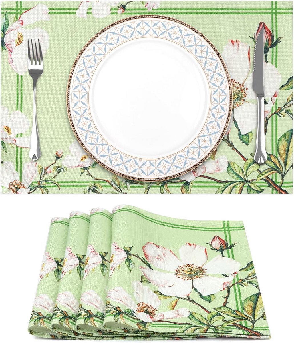 Set van 4 Wasmachinebestendige Placemats Roze Bloemen Groen Hittebestendig voor Keukentafel Bruiloft Diner (33 x 48 cm)