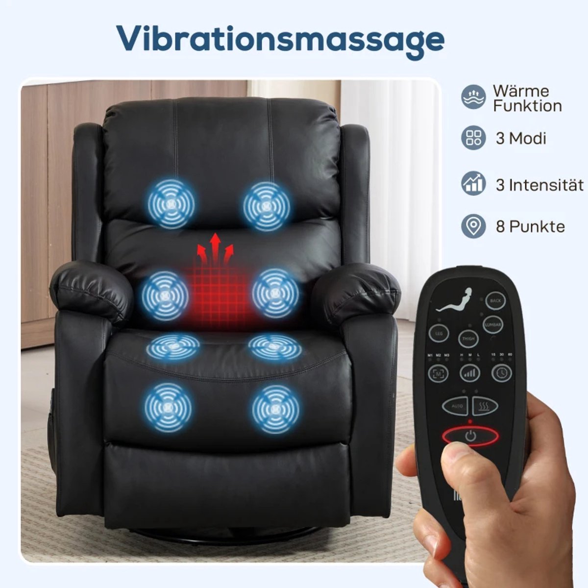 Elektrische Massagestoel - Massagefauteuil met Verwarming en 360°-Draaifunctie - 8 Vibratiekoppen - Kantelbaar tot 145° - tot 135 kg - met Afstandsbediening - Relaxfauteuil - Relaxstoel - TV stoel - Zwart – foto 5