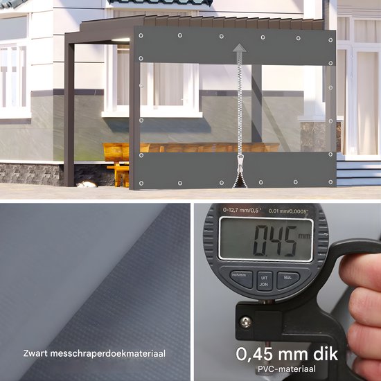 Donkergrijze terasschermen met rits en transparant venster, met close-ups van materiaal textuur en diktemeting (0,45 mm).