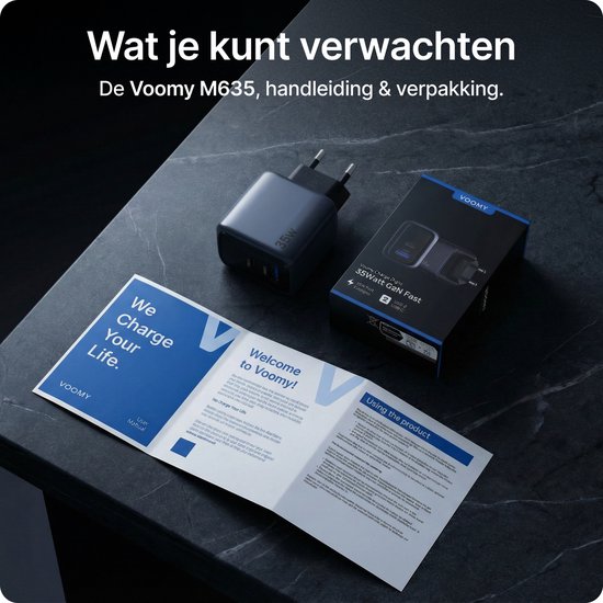 Zwarte 35W snellader, handleiding en verpakking. "We Charge Your Life."