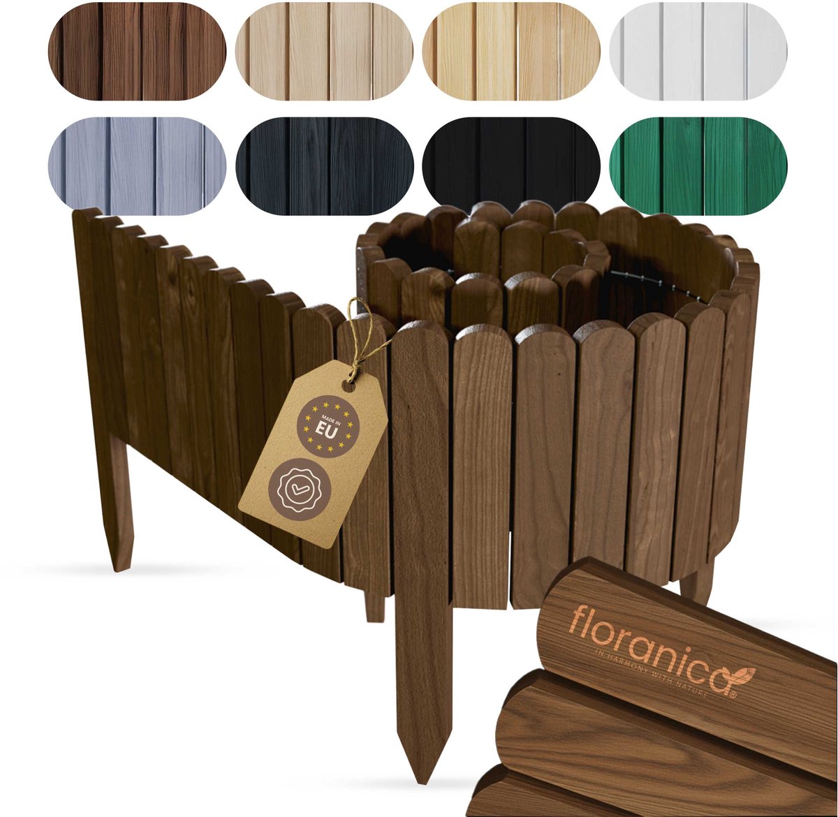 Floranica Rollborder Flexibele houten hek 200 x 10 cm Bruine Dennenhout Gazonafscheiding - Palisade - ingekorte rolborder