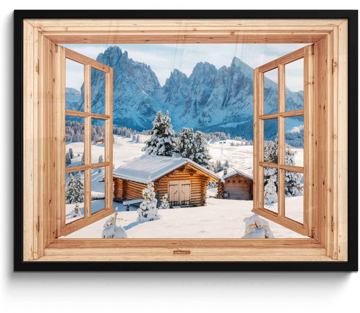FrameYourWall Poster in lijst - Fotolijst 70x50 cm - Posters - Doorkijk - Winterlandschap - Huisje - Bergen - Uitzicht - Posterlijst zwart - Decoratie - Wanddecoratie woonkamer - Muurdecoratie slaapkamer