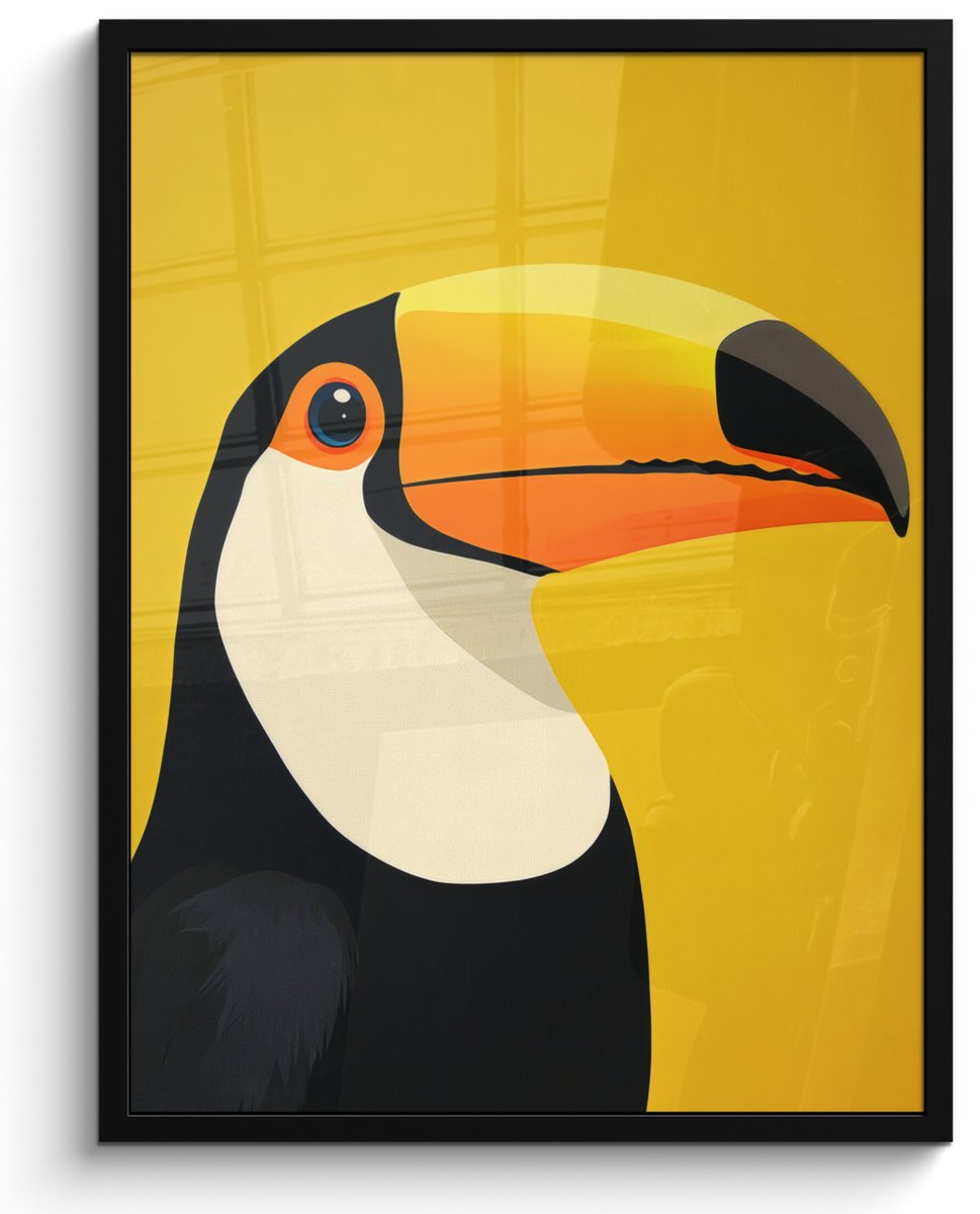 FrameYourWall Poster in lijst - Fotolijst 50x70 cm - Posters - Toekan - Minimalistisch - Snavel - Oranje - Posterlijst zwart - Decoratie - Wanddecoratie woonkamer - Muurdecoratie slaapkamer