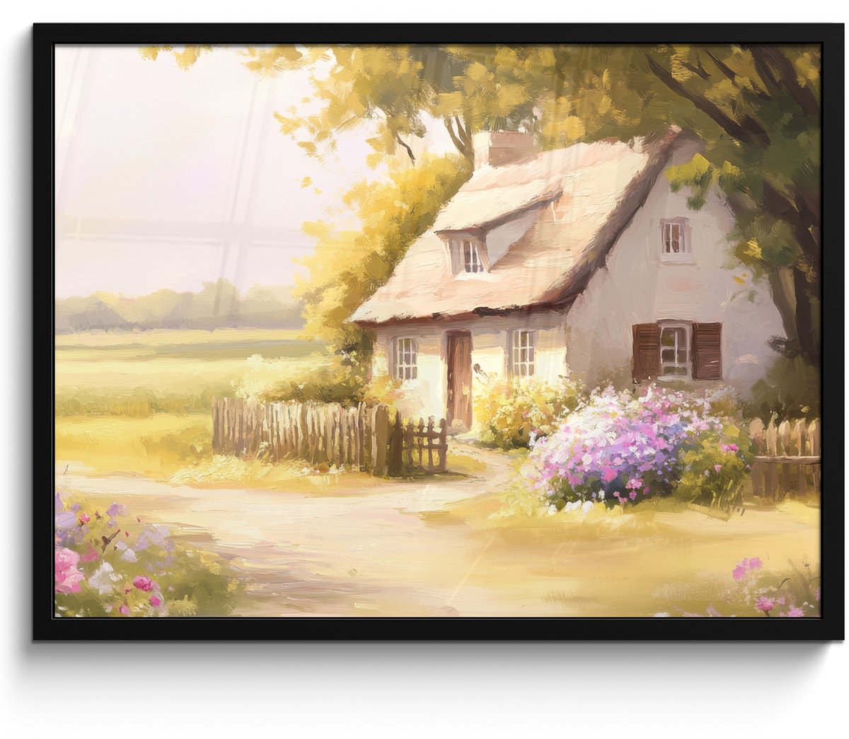 FrameYourWall Poster in lijst - Fotolijst 70x50 cm - Posters - Huisje - Hout - Bloemen - Posterlijst zwart - Decoratie - Wanddecoratie woonkamer - Muurdecoratie slaapkamer Landschap - Huisje