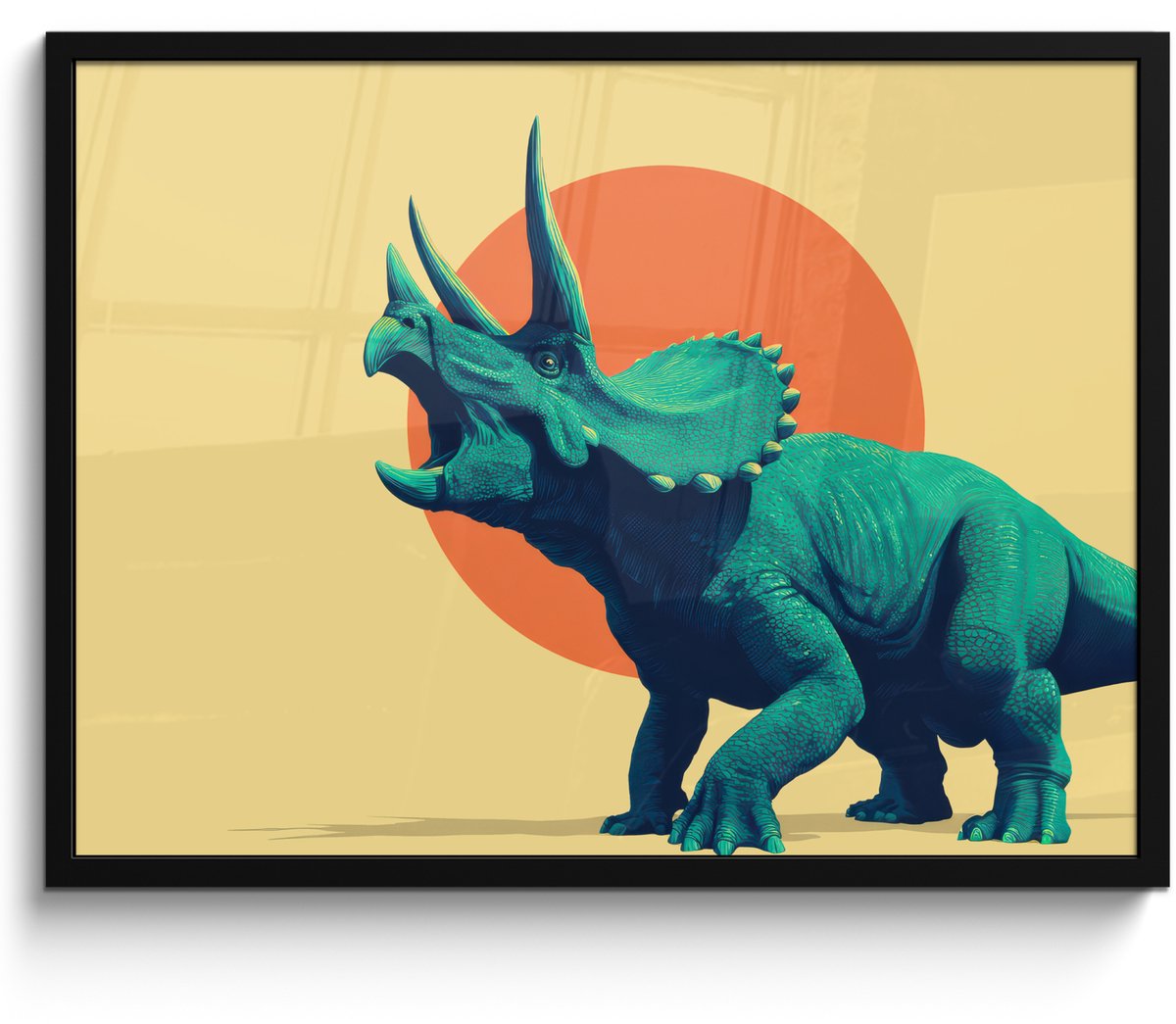 FrameYourWall Poster in lijst - Fotolijst 70x50 cm - Posters - Triceratops - Cirkel - Oranje - Hoorns - Posterlijst zwart - Decoratie - Wanddecoratie woonkamer - Muurdecoratie slaapkamer