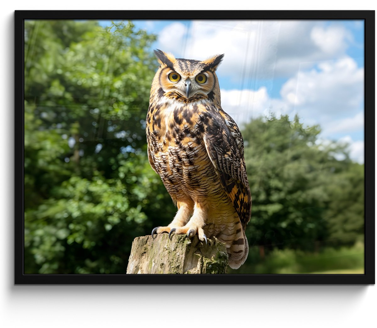FrameYourWall Poster in lijst - Fotolijst 70x50 cm - Posters - Uil - Boomstronk - Bos - Lucht - Posterlijst zwart - Decoratie - Wanddecoratie woonkamer - Muurdecoratie slaapkamer
