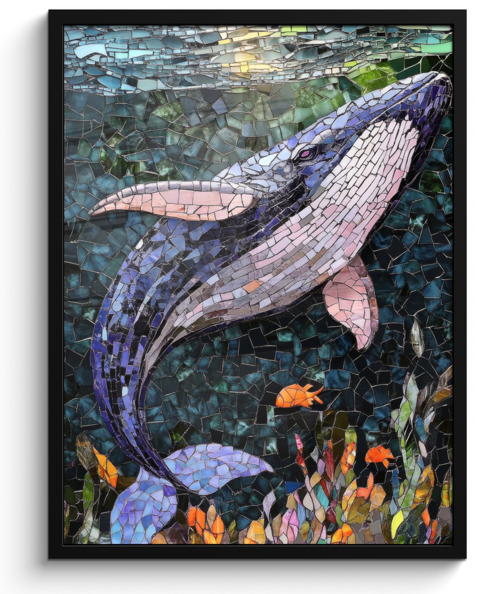 FrameYourWall Poster in lijst - Fotolijst 50x70 cm - Posters - Mozaïek - Walvis - Koraal - Water - Posterlijst zwart - Decoratie - Wanddecoratie woonkamer - Muurdecoratie slaapkamer