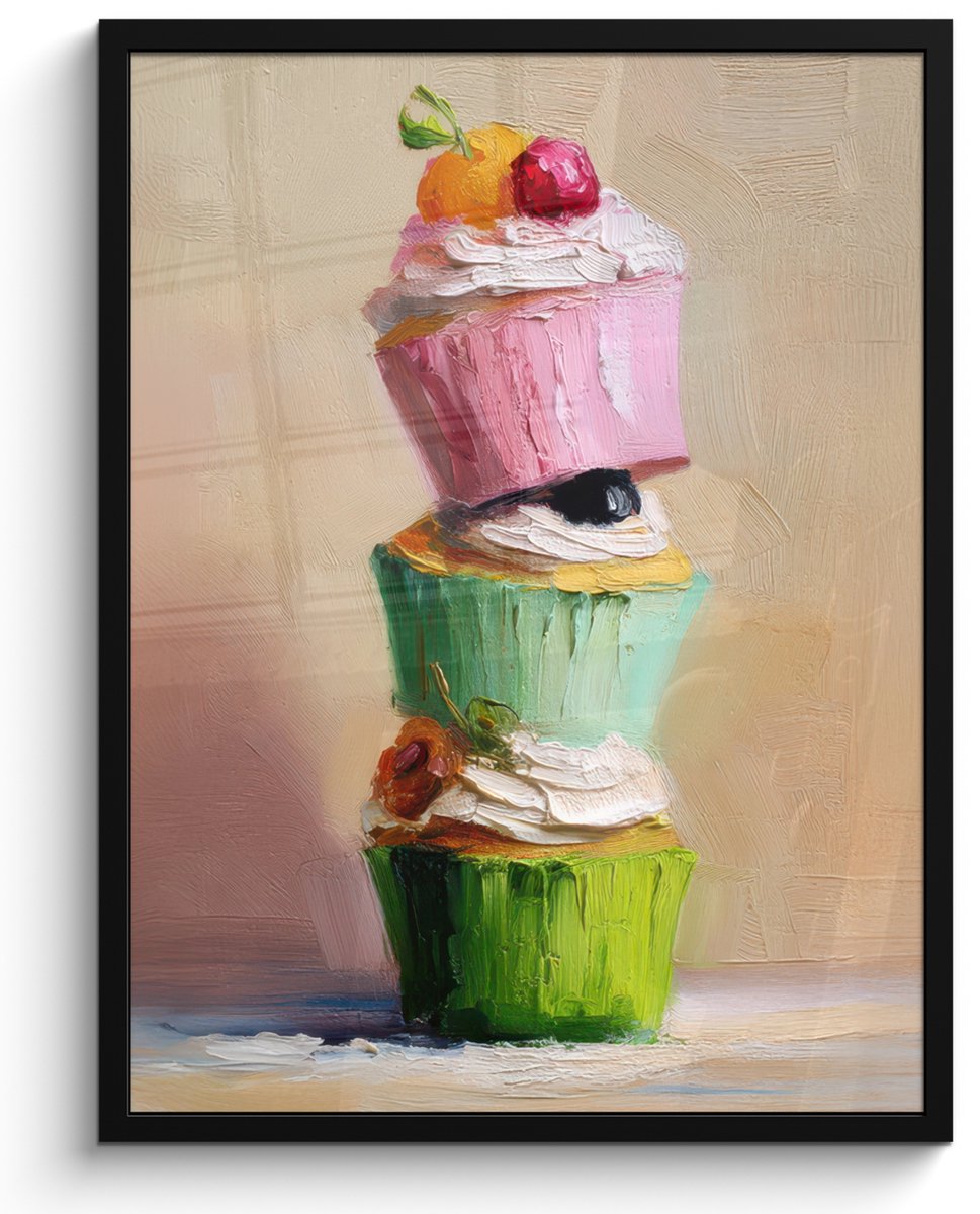 FrameYourWall Poster in lijst - Fotolijst 50x70 cm - Posters - Cupcakes - Gestapeld - Kleurrijk - Fruit - Posterlijst zwart - Decoratie - Wanddecoratie woonkamer - Muurdecoratie slaapkamer