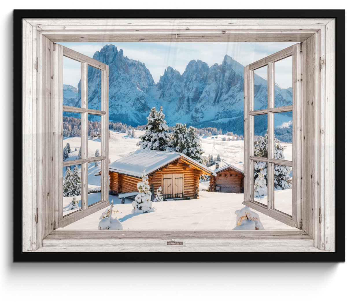 FrameYourWall Poster in lijst - Fotolijst 70x50 cm - Posters - Winterlandschap - Huisje - Bergen - Uitzicht - Doorkijk - Natuur - Posterlijst zwart - Decoratie - Wanddecoratie woonkamer - Muurdecoratie slaapkamer