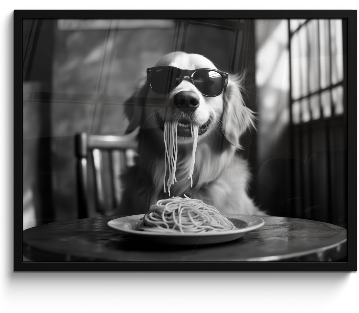 FrameYourWall Poster in lijst - Fotolijst 70x50 cm - Posters - Golden Retriever - Hond - Vrolijk - Bord spaghetti - Zwart - wit - Posterlijst zwart - Decoratie - Wanddecoratie woonkamer - Muurdecoratie slaapkamer