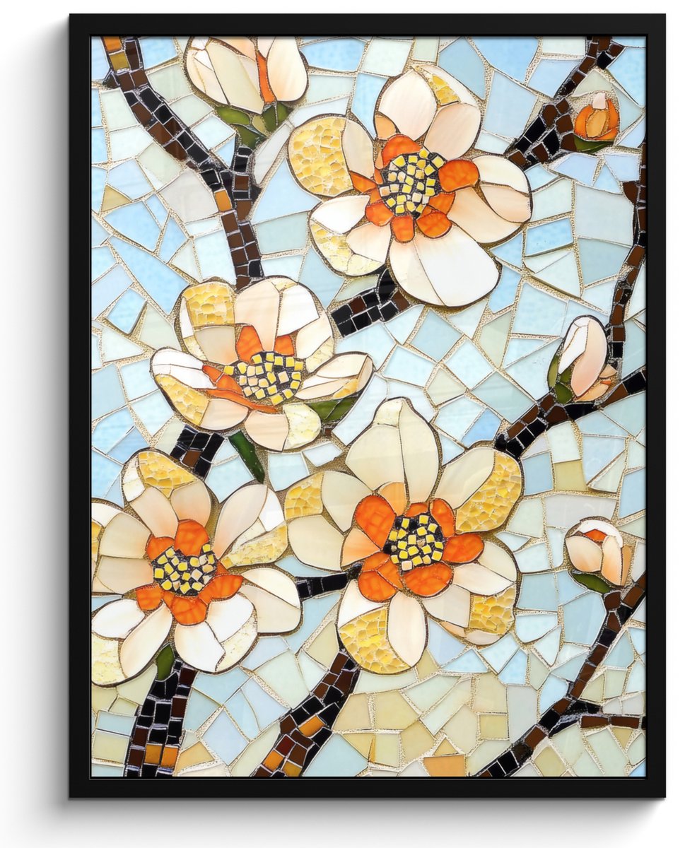 FrameYourWall Poster in lijst - Fotolijst 50x70 cm - Posters - Bloesems - Wit - Mozaïek - Tak - Posterlijst zwart - Decoratie - Wanddecoratie woonkamer - Muurdecoratie slaapkamer Bloesems - Mozaïek