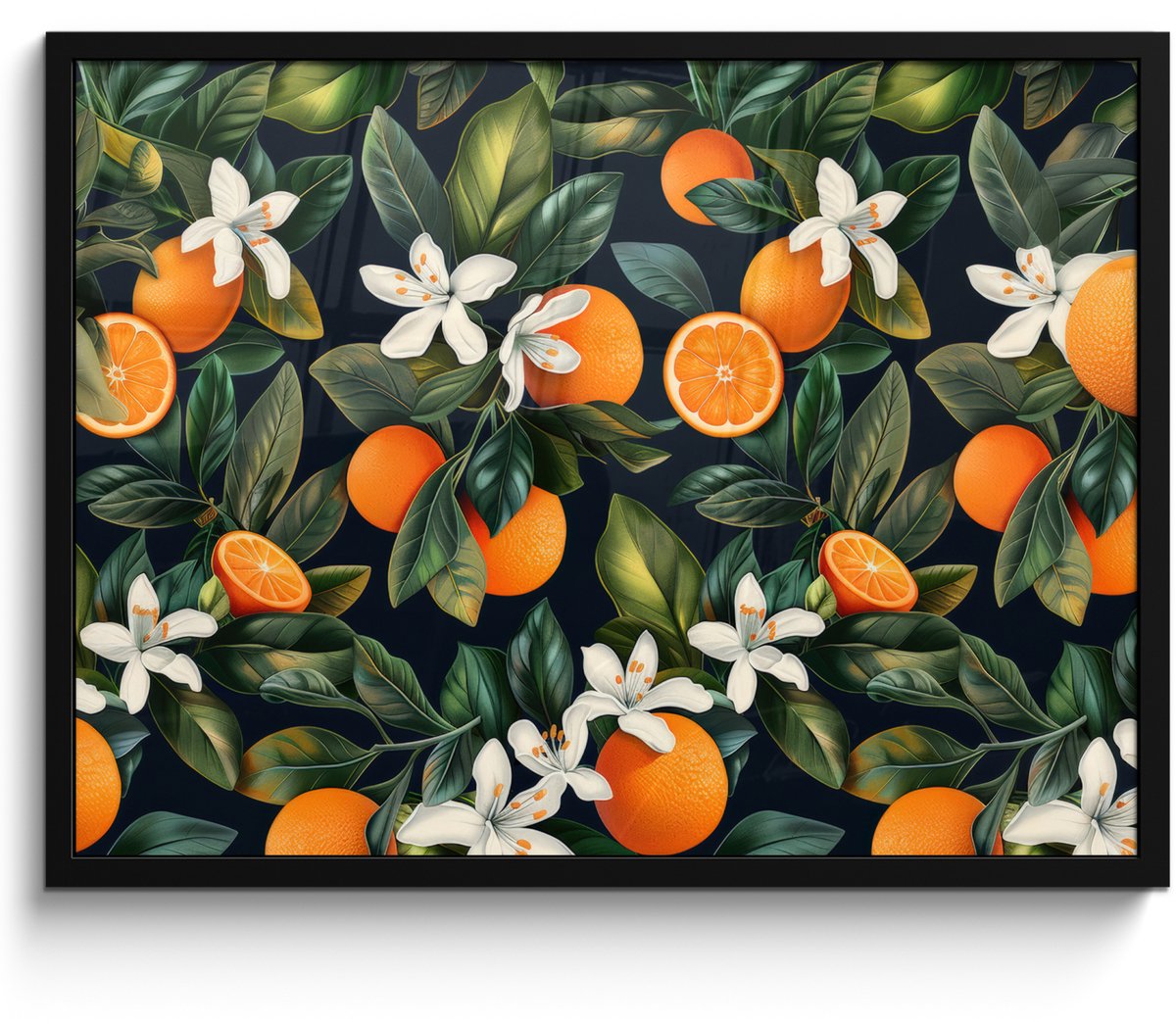 FrameYourWall Poster in lijst - Fotolijst 70x50 cm - Posters - Sinaasappels - Bloesems - Bladeren - Tropisch - Posterlijst zwart - Decoratie - Wanddecoratie woonkamer - Muurdecoratie slaapkamer Multicolor