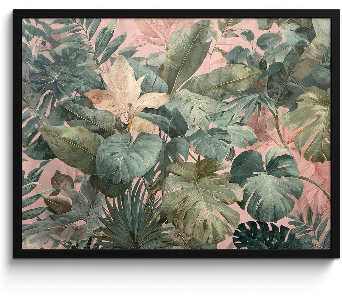FrameYourWall Poster in lijst - Fotolijst 70x50 cm - Posters - Compositie van bladeren - Groen - Roze - Posterlijst zwart - Decoratie - Wanddecoratie woonkamer - Muurdecoratie slaapkamer Bladeren - Compositie