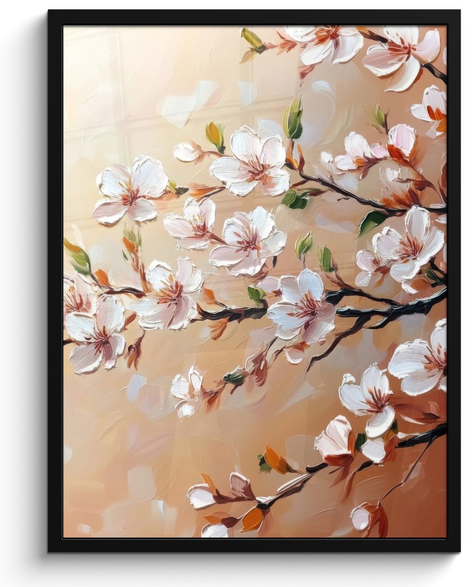 FrameYourWall Poster in lijst - Fotolijst 50x70 cm - Posters - Bloesemtakken - Schilderachtig - Roze - Posterlijst zwart - Decoratie - Wanddecoratie woonkamer - Muurdecoratie slaapkamer