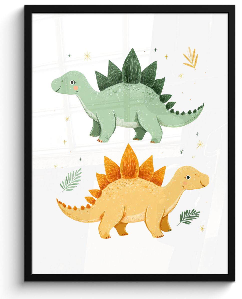 FrameYourWall Poster in lijst - Fotolijst 50x70 cm - Posters - Sterren - Stegosaurussen - Blaadjes - Groen - Posterlijst zwart - Decoratie - Wanddecoratie woonkamer - Muurdecoratie slaapkamer